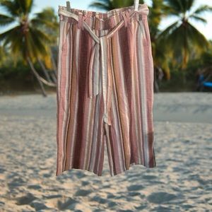 Linen blend Wide Leg Paperbag Waist Pink Stripe pants w/Pockets | XL